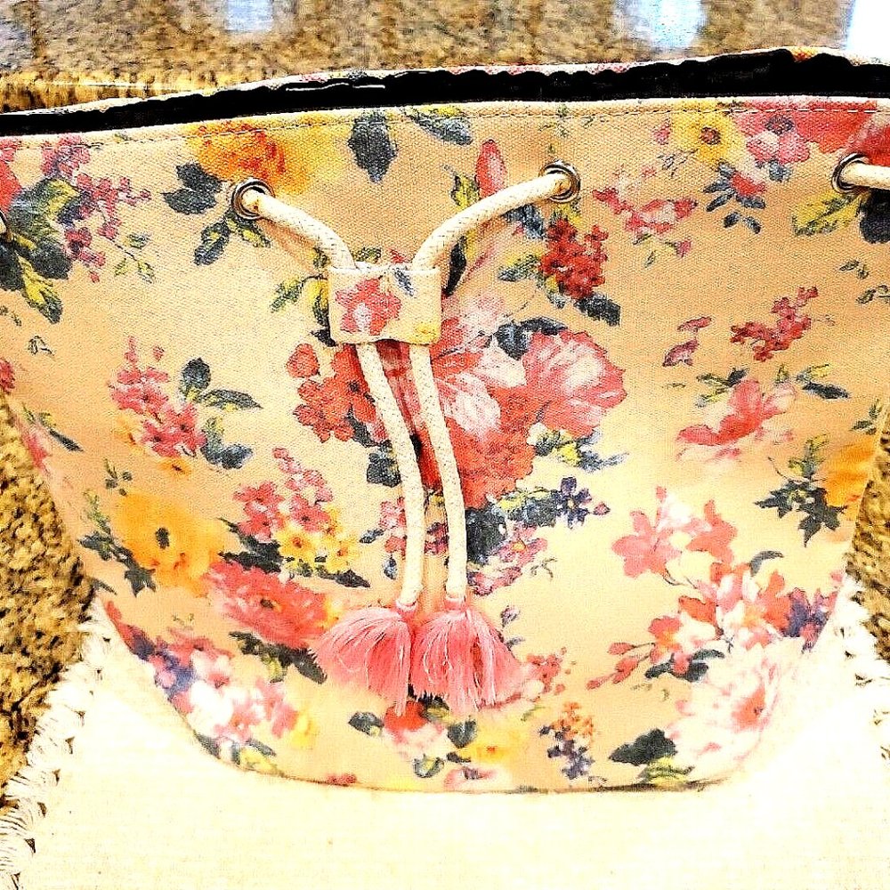L@@K Floral Canvas Tote ~ Bucket Bag ~ Backpack ~ 11" H X 13.5" W X 5" D